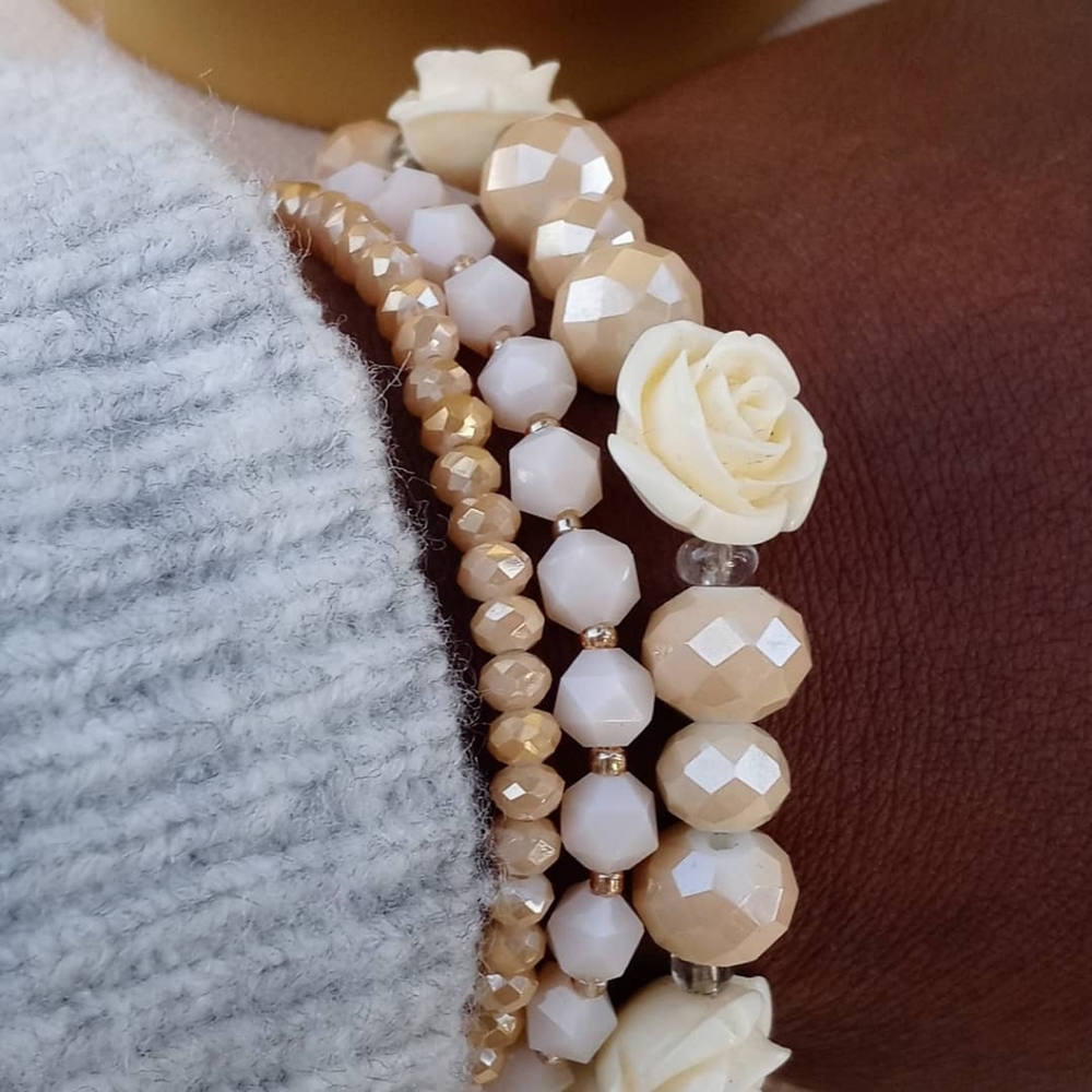 3piece gold and pink bracelets with cream roses
